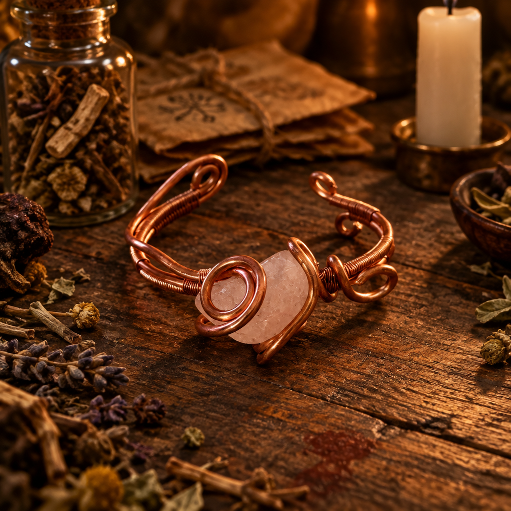 Handmade Rose Quartz & Copper Wire-Wrapped Bracelet